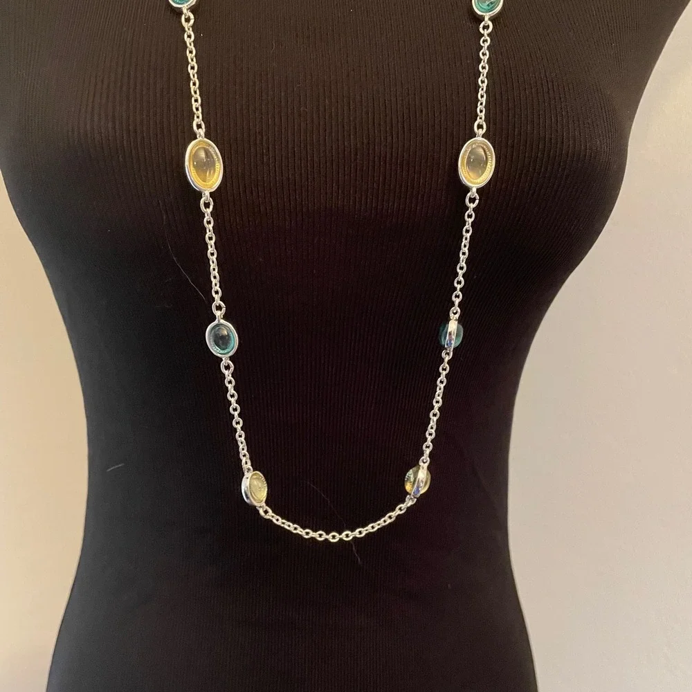 Gloria Vanderbilt 80's/90s Multi Stone Station Long Necklace Amber Teal Yellow